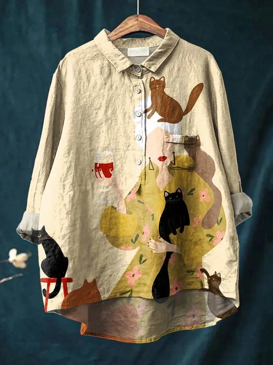 Elegant Blouse with Cat Print