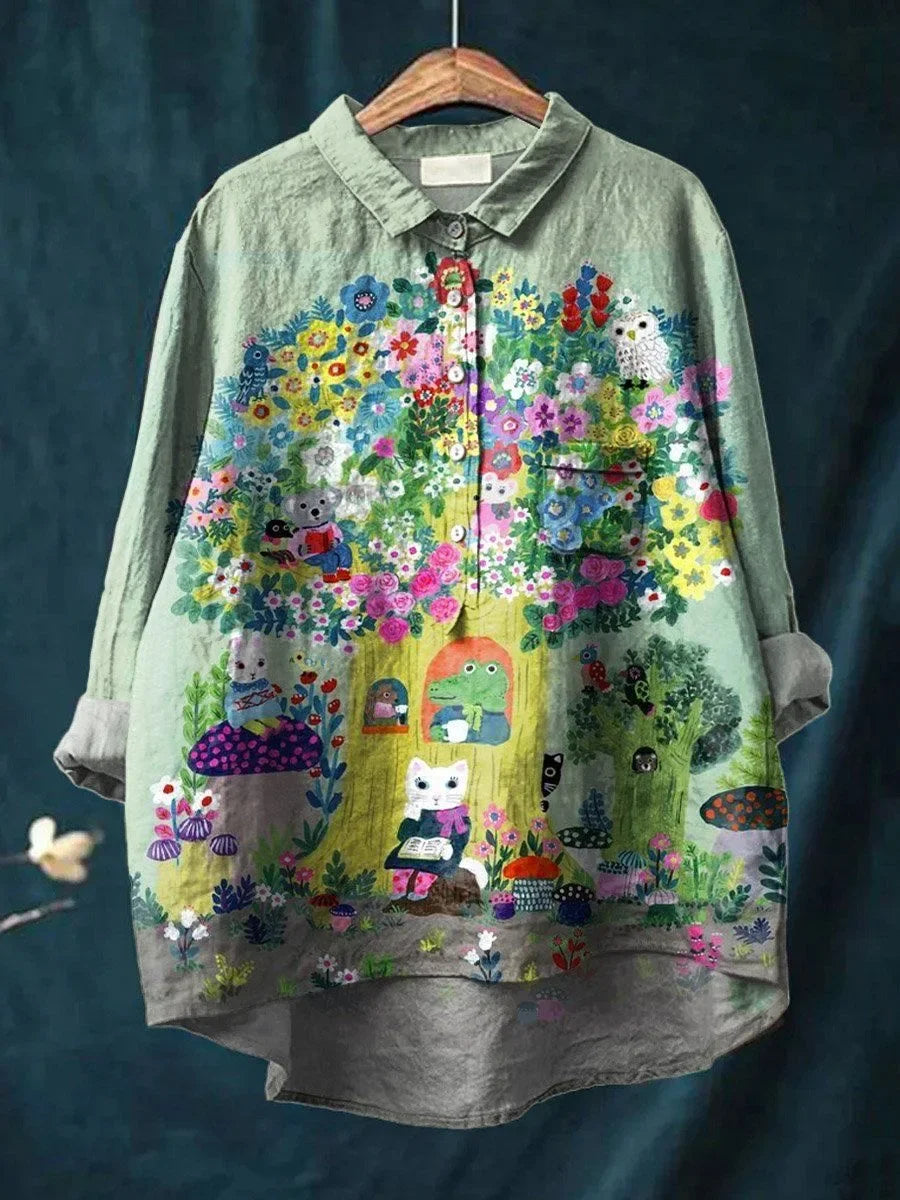 Whimsical blouse with forest animal print