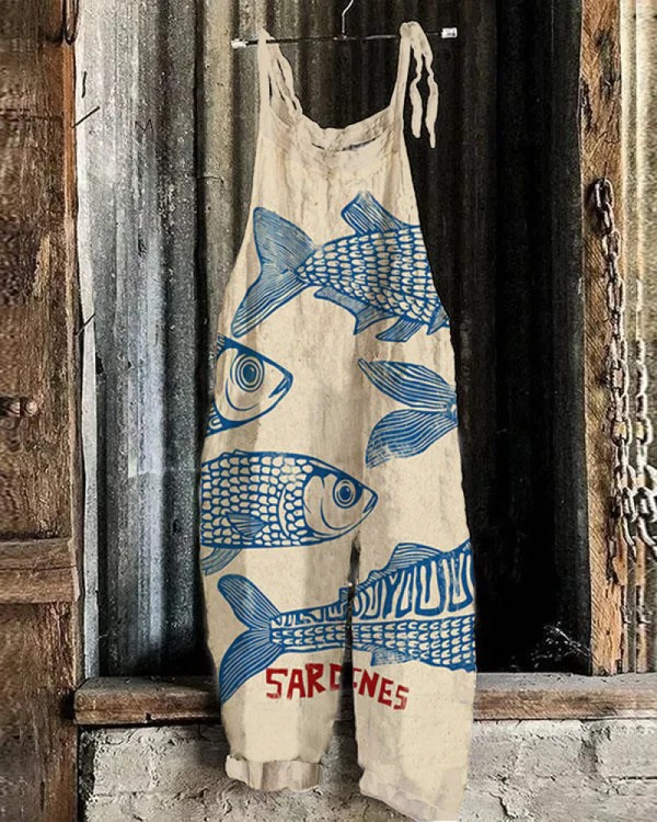 Vintage Jumpsuit with Sardine Print - Effortless Style and Comfort for Women