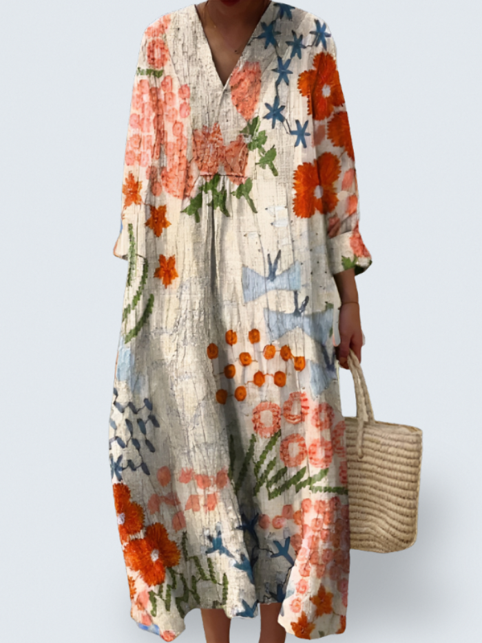 Florevia – Botanical Print Cotton Midi Dress for Women